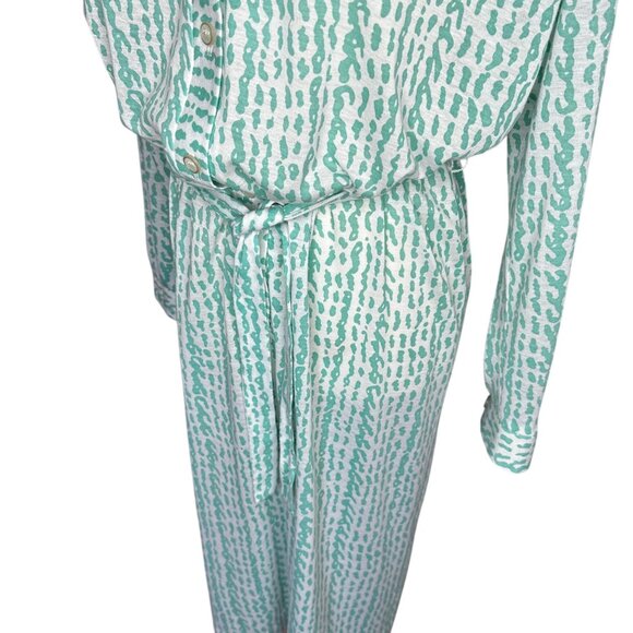 Vintage 70s Serbin Seafoam Green Abstract Print Belted Dress Long Sleeve Sz 16 - Picture 3 of 9